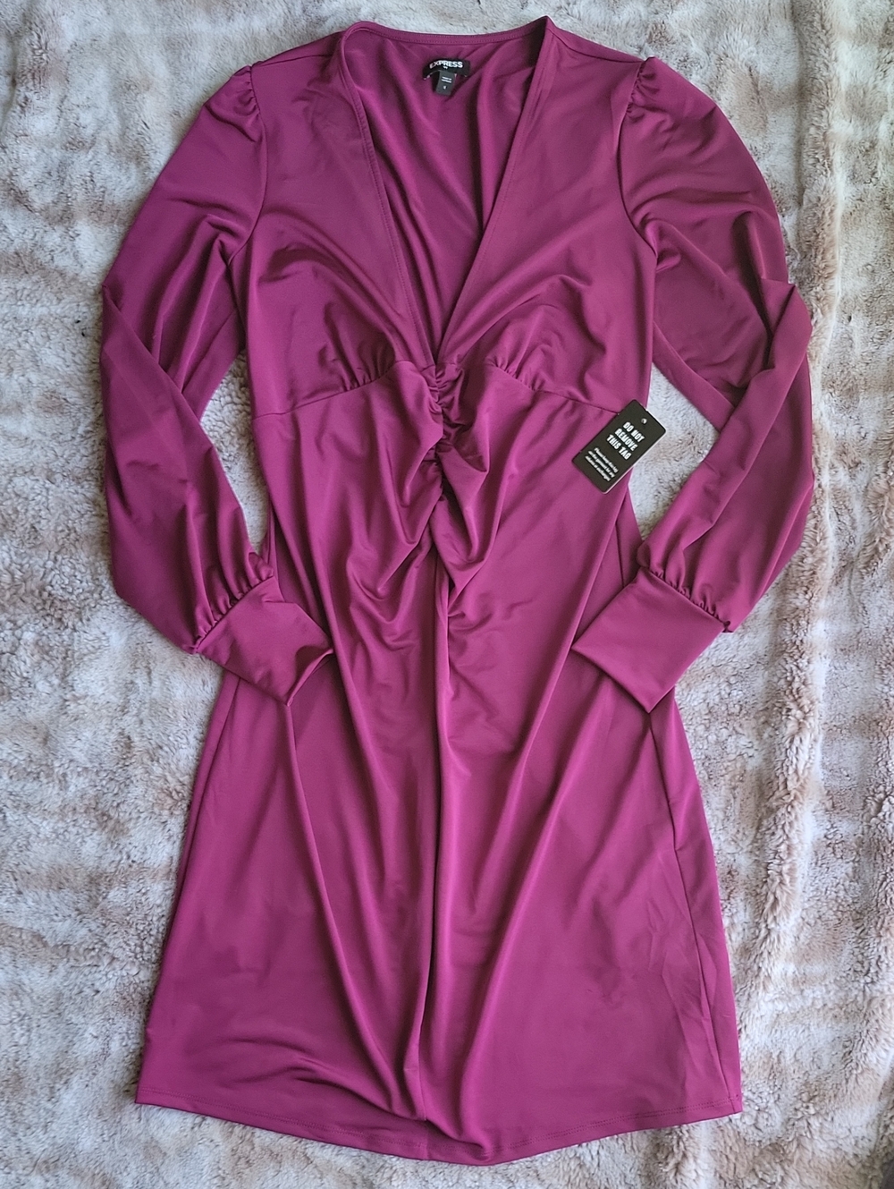Express Magenta V Neck Ruched Long Sleeve Dress